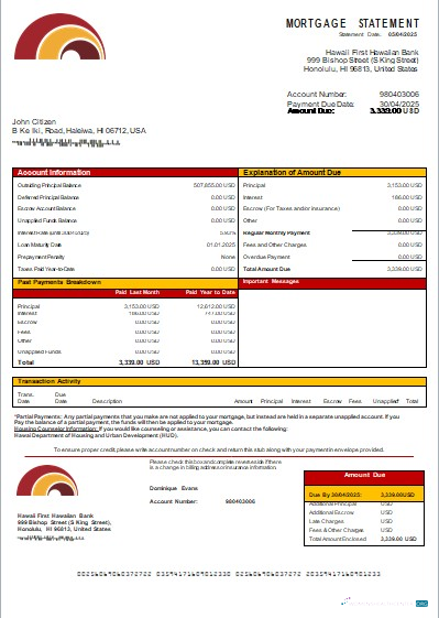 Download Hawaii First Hawaiian Bank mortgage statement scr Photoshop template